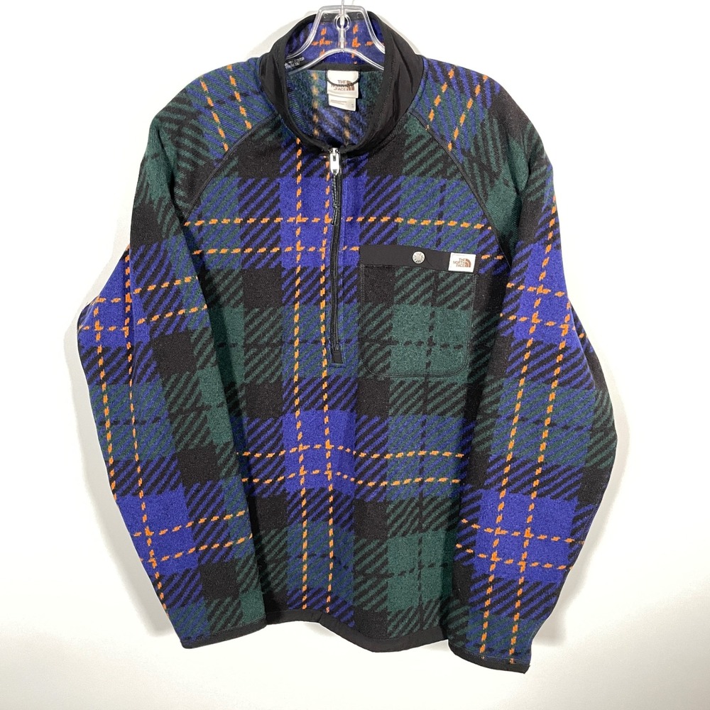 The North Face Mens XL Gordon Lyons Fleece Pullover Jacket Blue Green Plaid